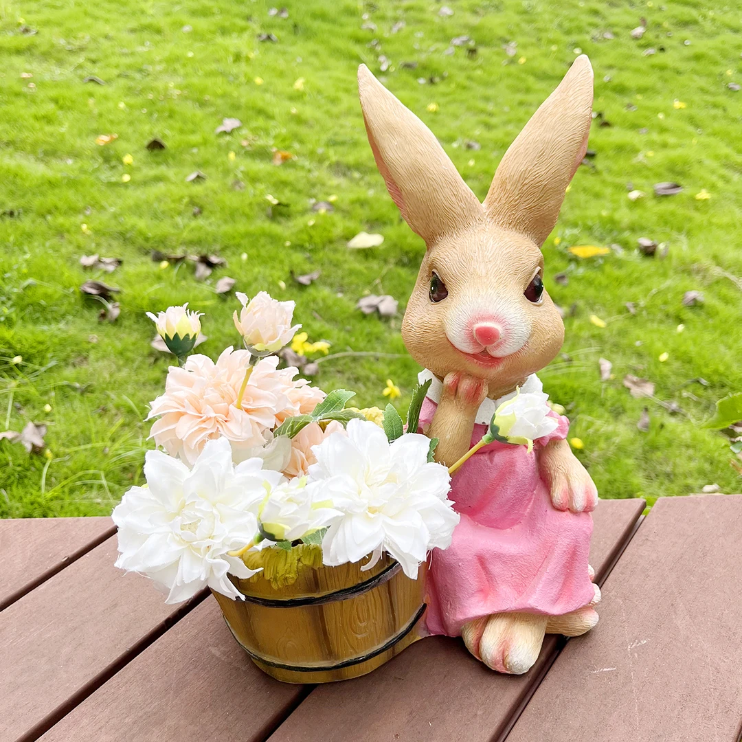 庭院花园草坪阳台假山别墅造景情侣兔花缸摆件工艺品中式现代
