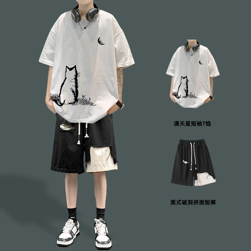 美式短袖t恤男夏季潮牌ins痞帅男装搭配一套嘻哈男生酷帅穿搭套装