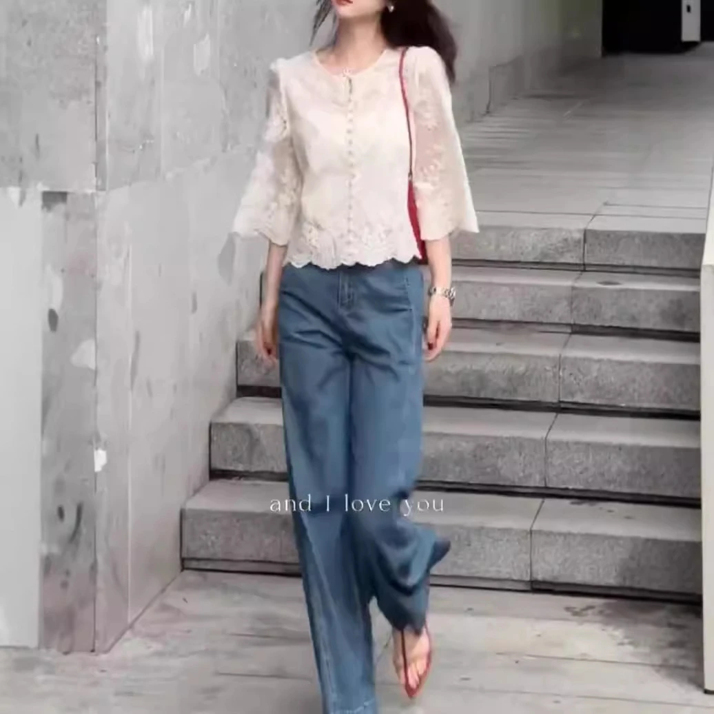 2025新款法式高级感白色蕾丝气质复古国风潮流上衣垂感阔腿裤女装