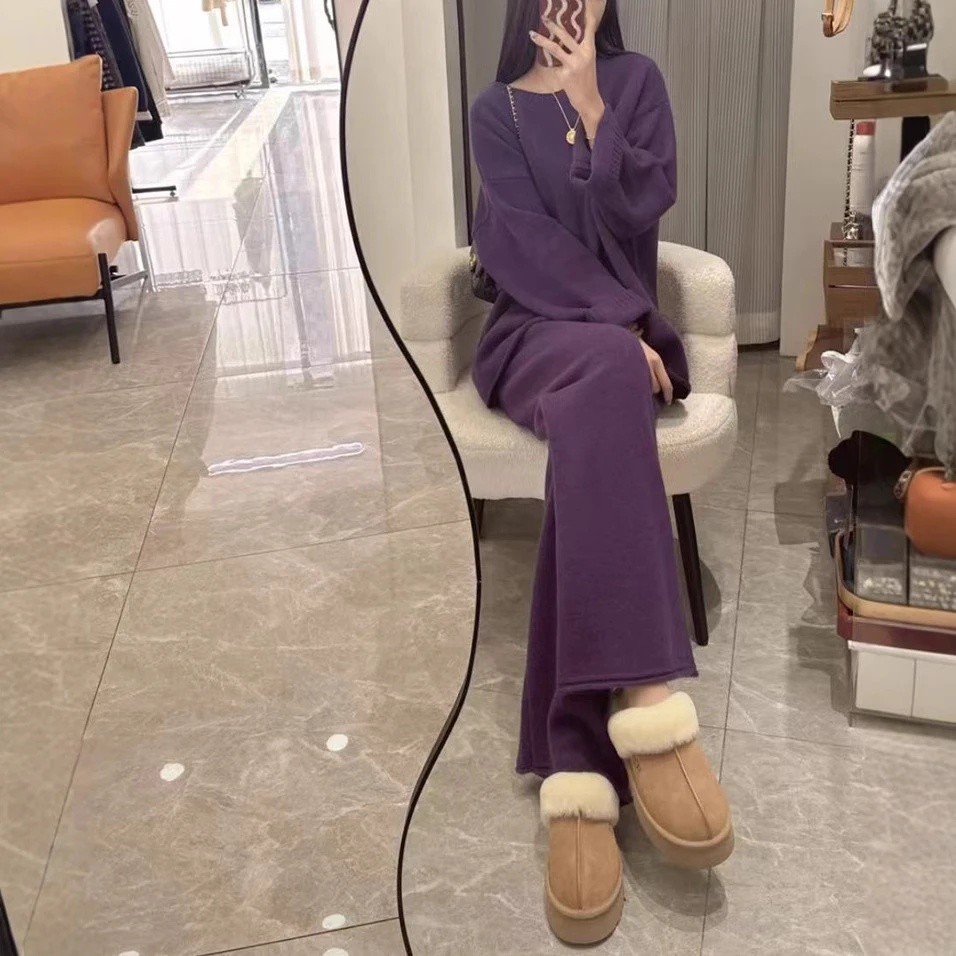 2025秋冬新款慵懒风简约时尚紫色软糯套装洋气修身显瘦气质两件套