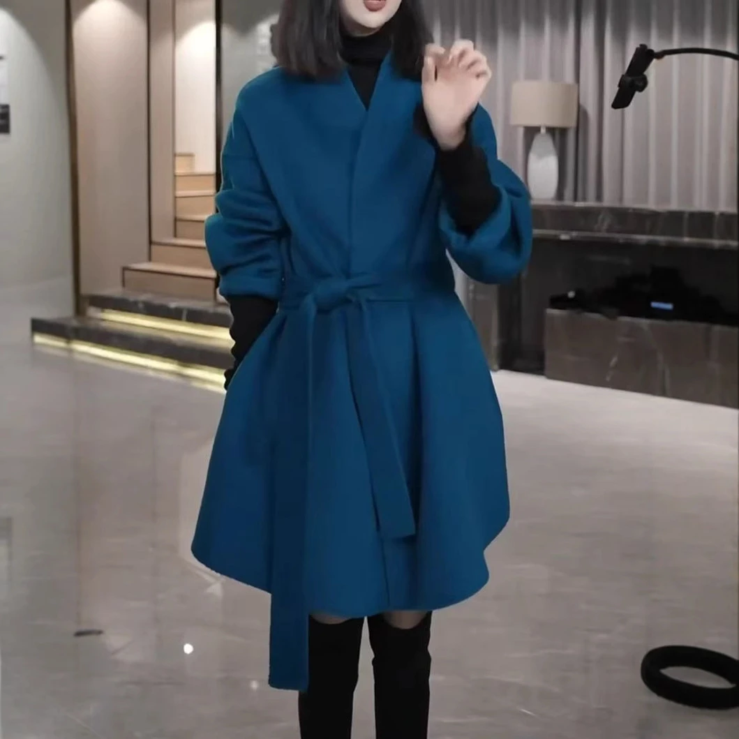 2025秋冬新款简约时尚大气宽松显瘦气质时尚系带毛呢外套纯色大衣