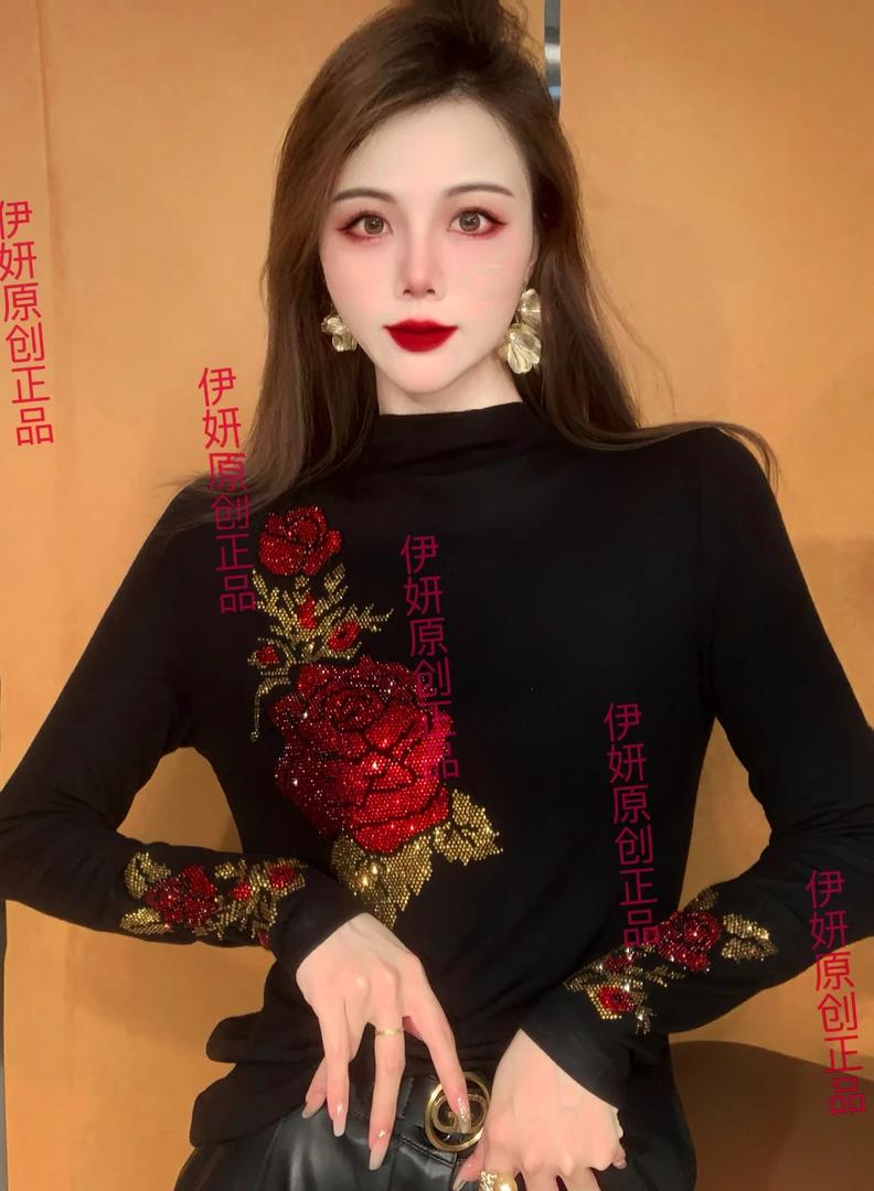【秋冬新款】玫瑰高端洋气时尚重工烫钻长袖打底衫女装
