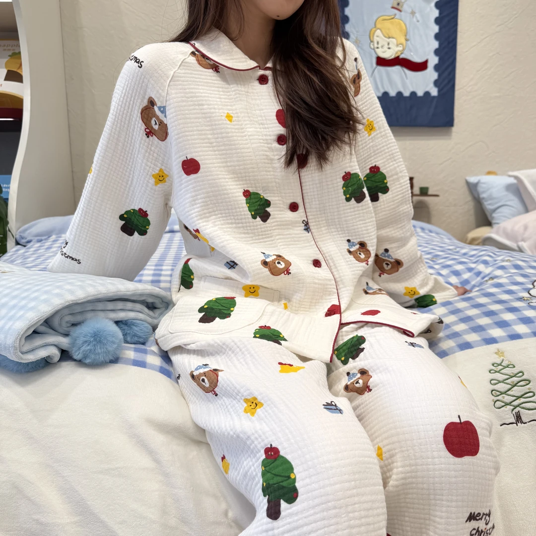 【圣诞星】24新款四层纱加厚全棉家居服套装保暖透气柔软情侣睡衣