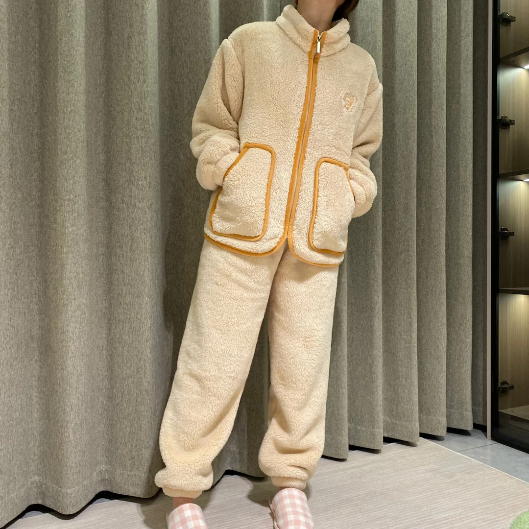【泡泡家】冬季保暖舒棉绒羊羔绒拉链套装加厚情侣舒适休闲秋冬季