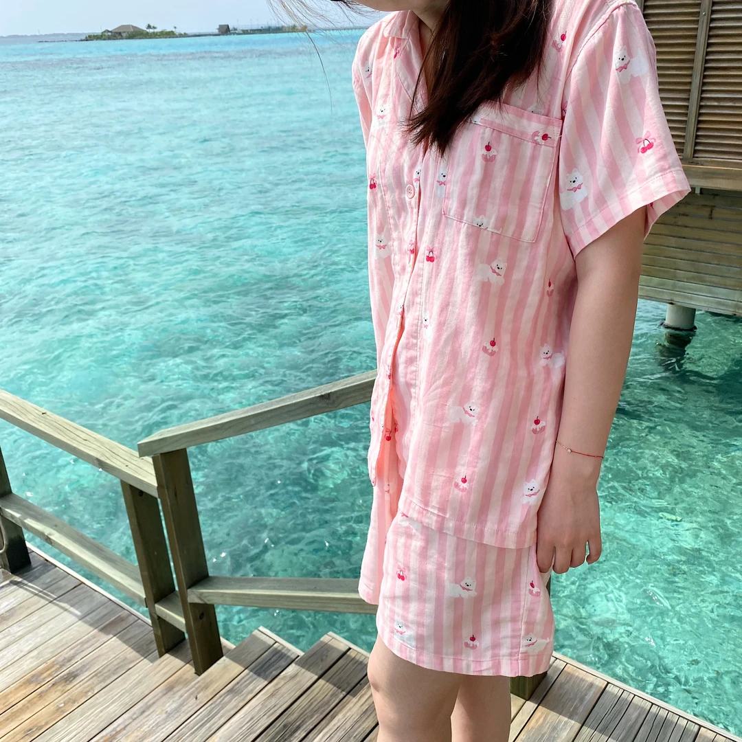 【夏日限定】25夏季双层纱印花款纯棉短袖短裤套装情侣休闲时尚宽松