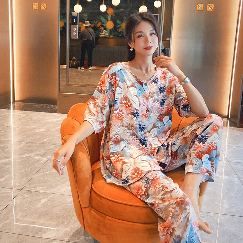 【3D立体】绵绸家居服夏季空调服人造棉套装薄款长款睡衣大码女士