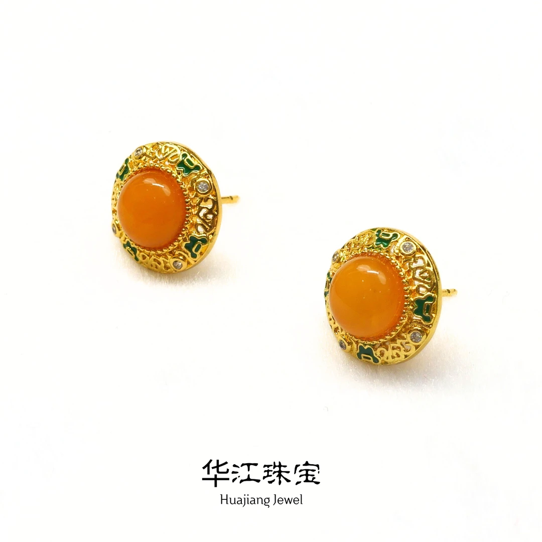 天然蜜蜡圆形耳钉精致大方款-J4