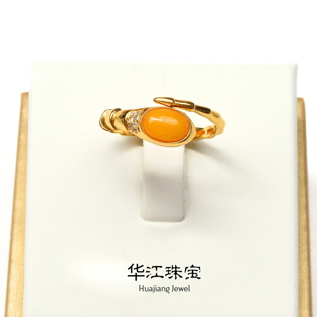 天然蜜蜡S925银蛋面蛇戒-D3