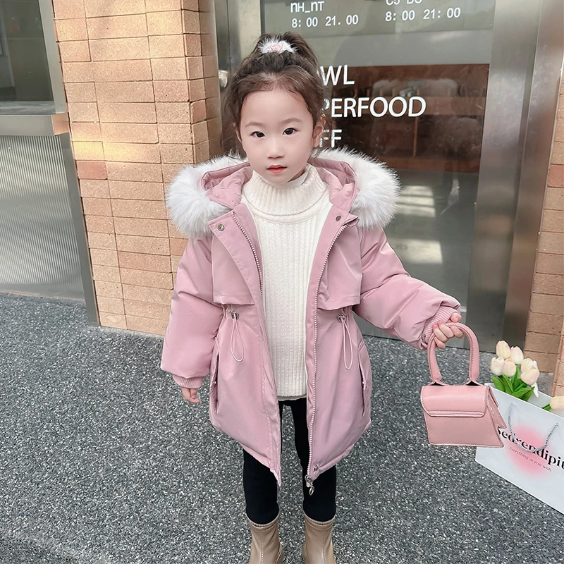 女童棉服中长款加绒派克服2025冬季儿童大毛领厚外套宝宝棉衣棉袄
