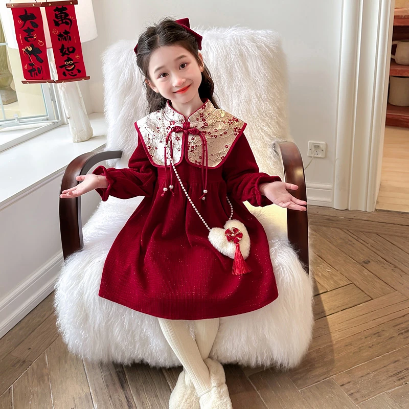 女童加绒连衣裙秋冬款2024新款儿童新中式旗袍公主裙宝宝汉服裙子