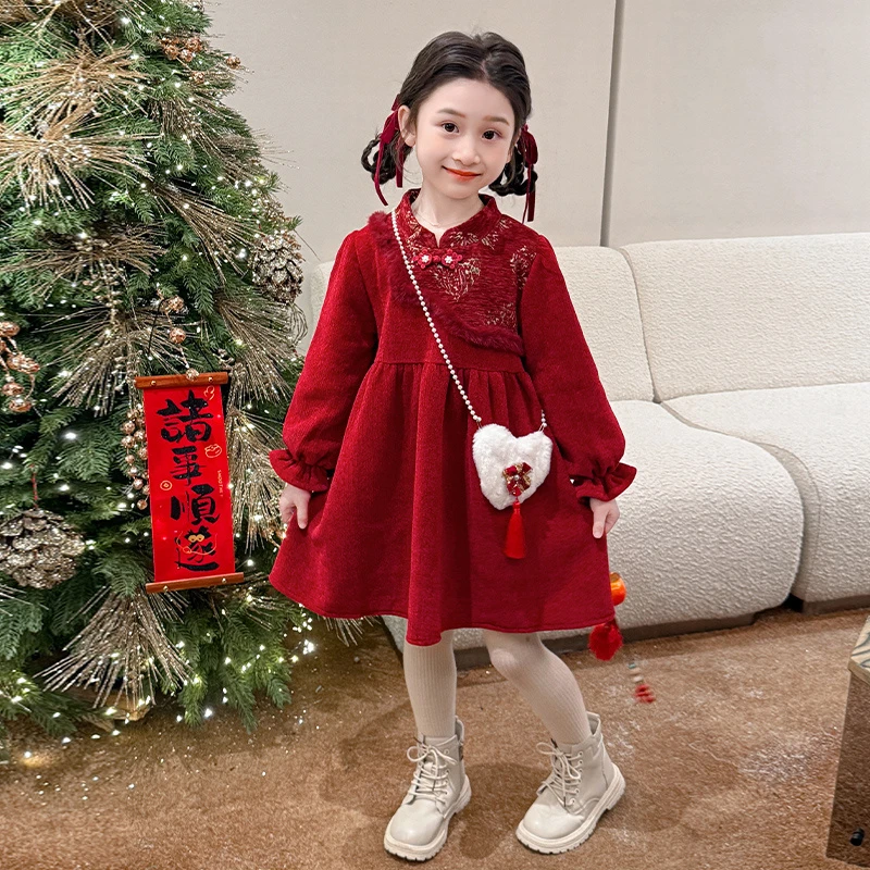 女童加绒秋冬旗袍裙子2024新款儿童连衣裙女宝宝红色公主裙新中式