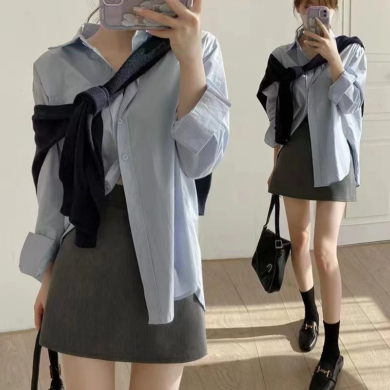 8633-灰色高腰西装短裙女秋季2024新款学院风a字包臀半身裙子半裙