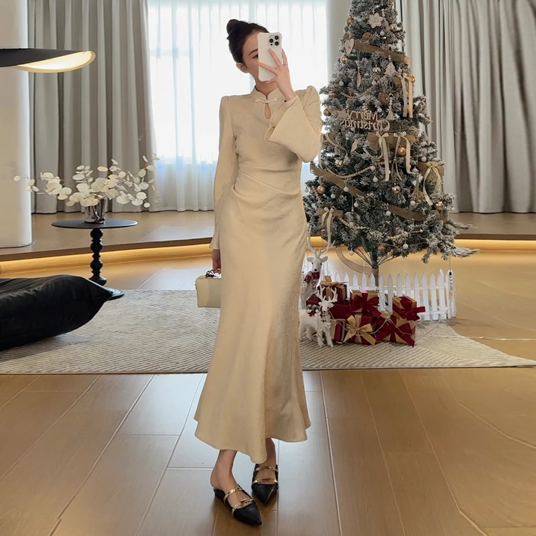 现货【胭脂扣】新中式国风提花连衣裙女秋冬气质鱼尾长裙XK0104