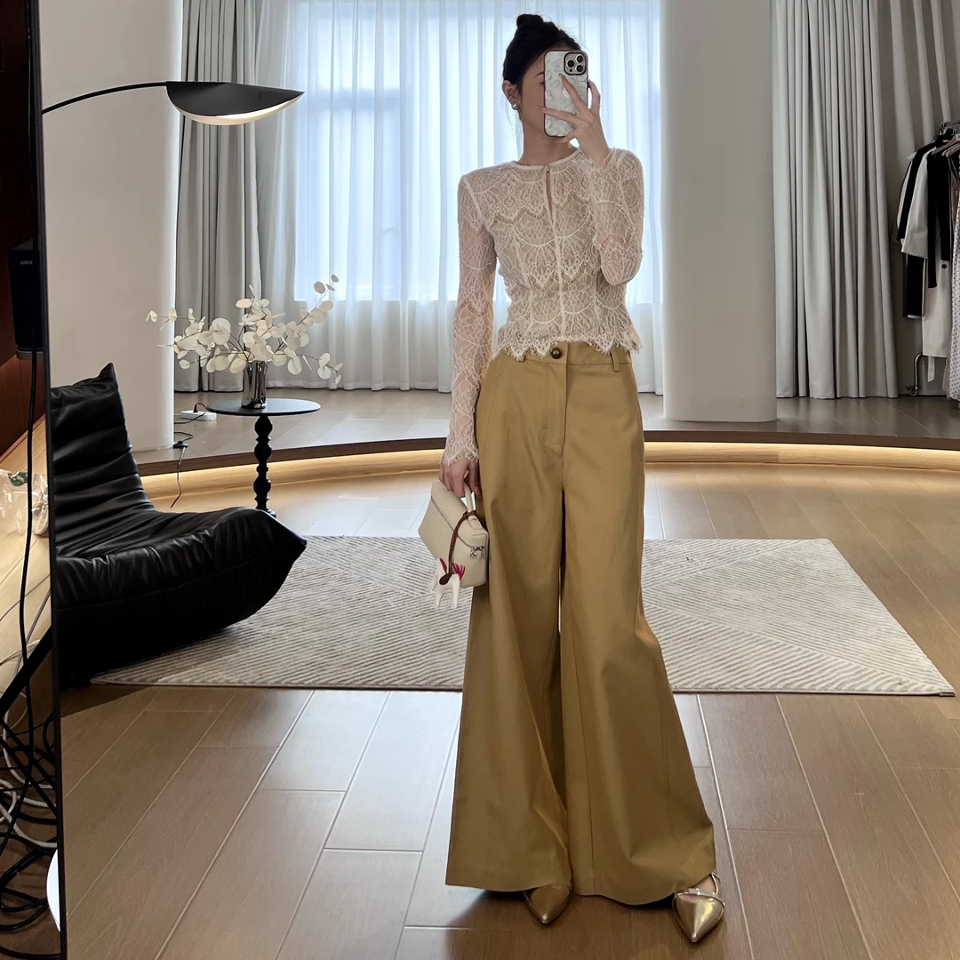 现货【版型神裤】简约高腰一粒扣卡其色挺括阔腿裤女XK0061