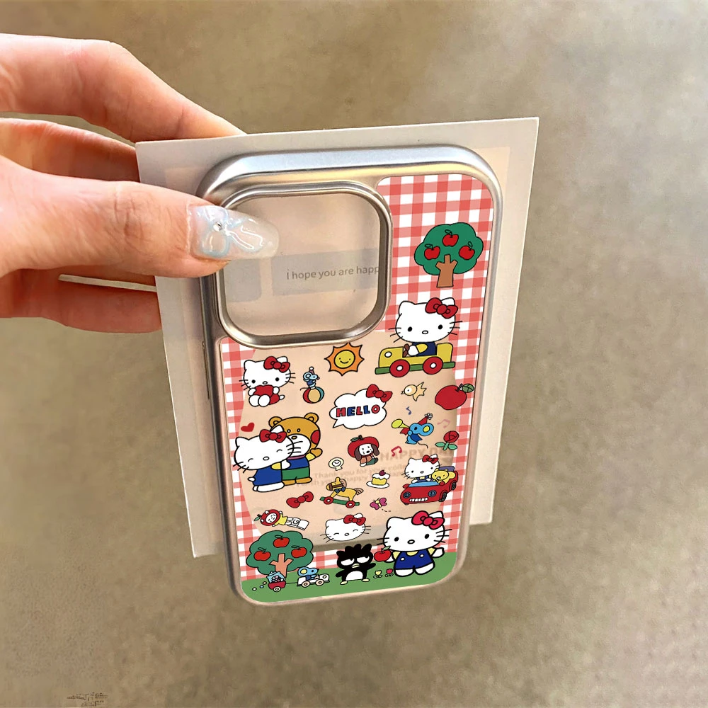 壳学馆格纹凯蒂猫适用苹果15手机壳iPhone14pro电镀创意13/12/7/8