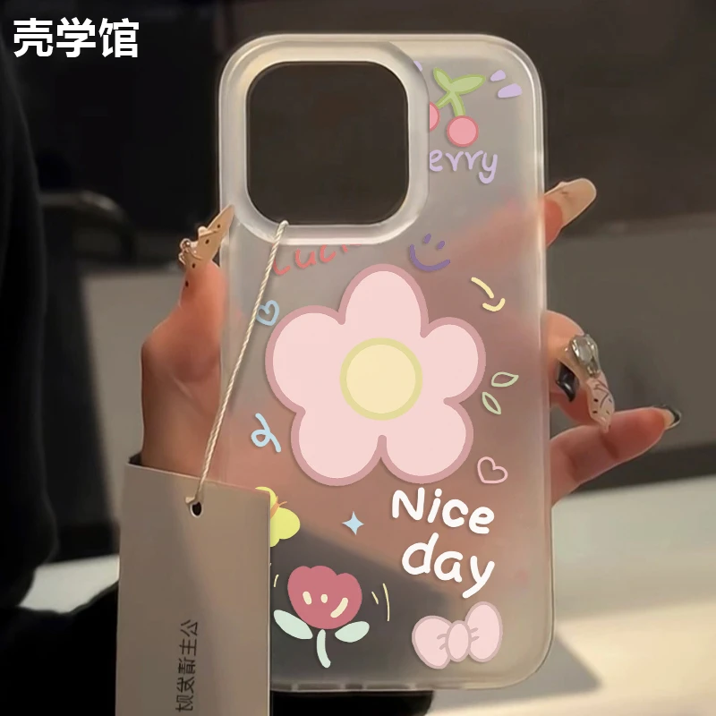 壳学馆简约小粉花适用苹果15手机壳iPhone14promax大孔13防摔12女