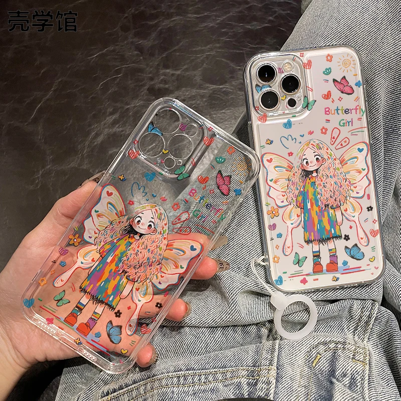 壳学馆蝴蝶女孩适用苹果15手机壳iPhone14透明13防摔全包12卡通11