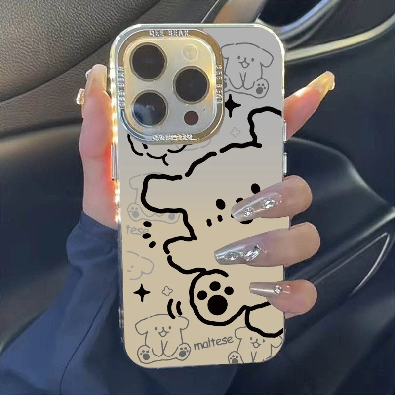 适用【苹果】 电镀按键线条小狗手机壳创意全包网红潮ins女简约卡通