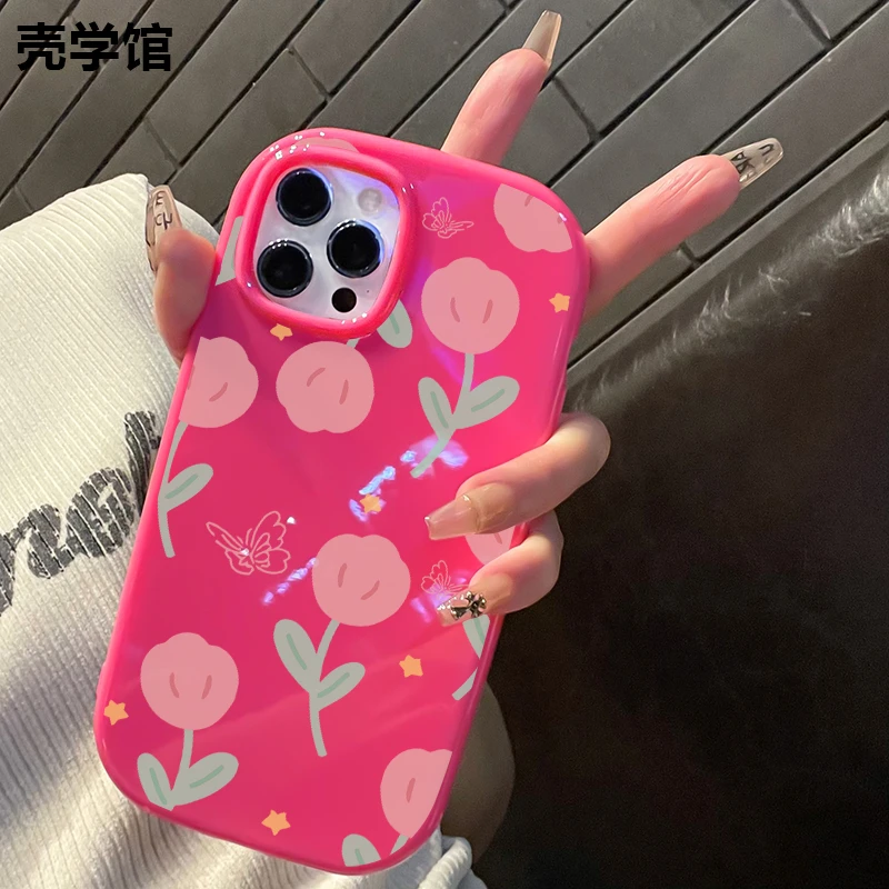 壳学馆粉郁金香适用苹果15手机壳iPhone14promax大孔亮面13创意12