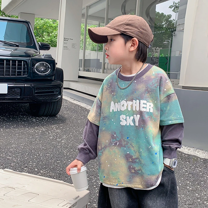 男童秋季假两件长袖T恤2023新款中大儿童衣服男孩秋装K233TX3405