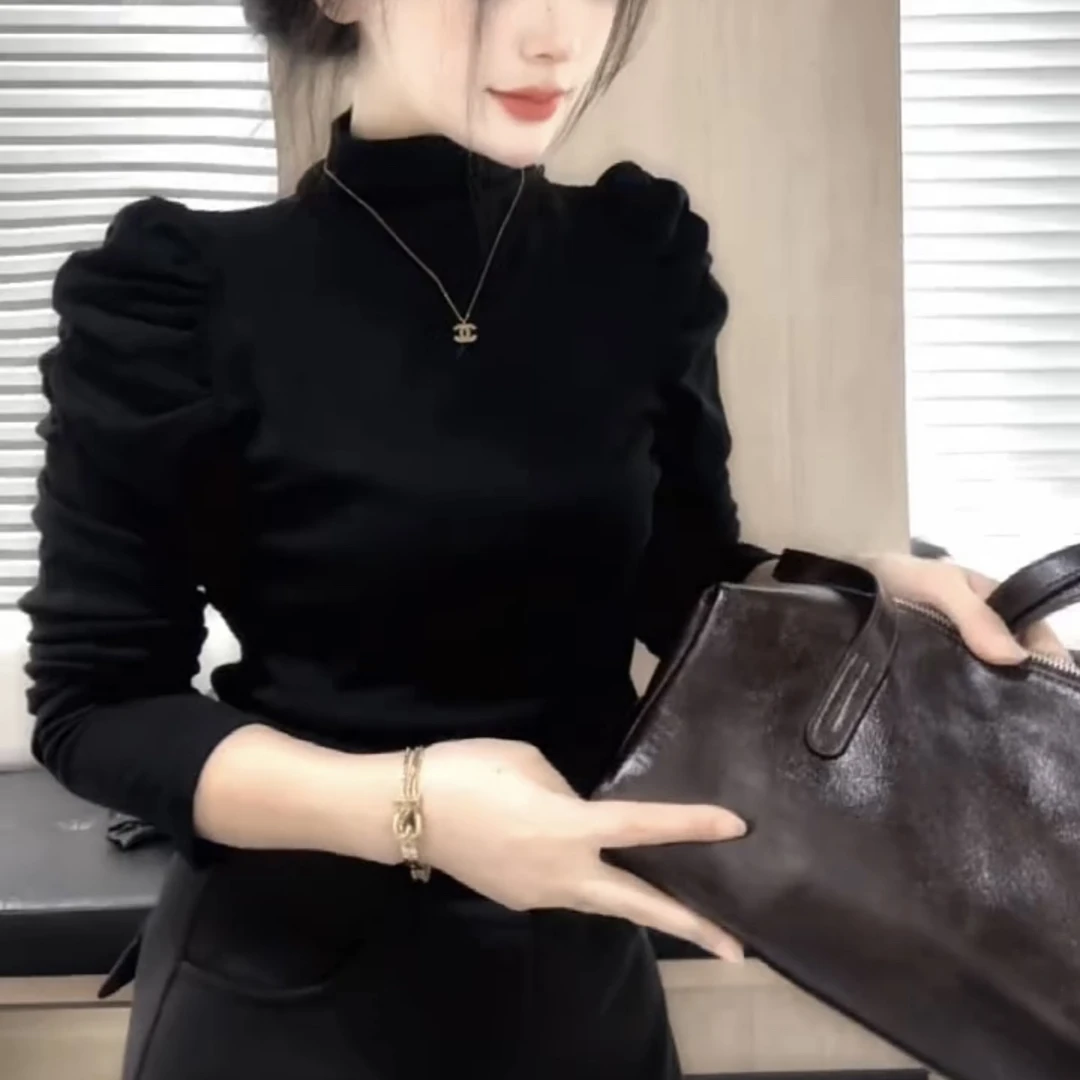 时尚百搭泡泡袖长袖上衣显瘦半高领打底衫