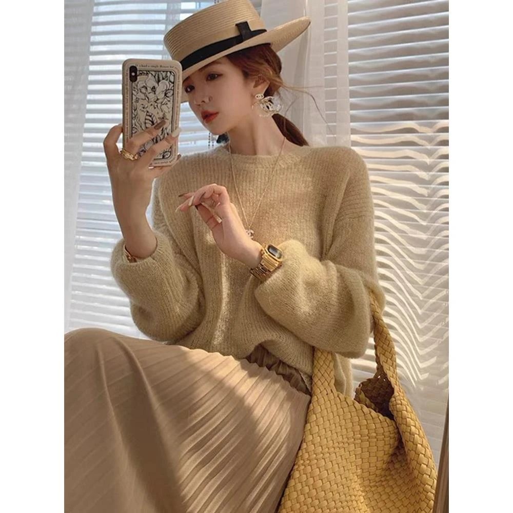 温柔软糯马海毛套头毛衣女内搭上衣春季慵懒风宽松外穿长袖针织衫