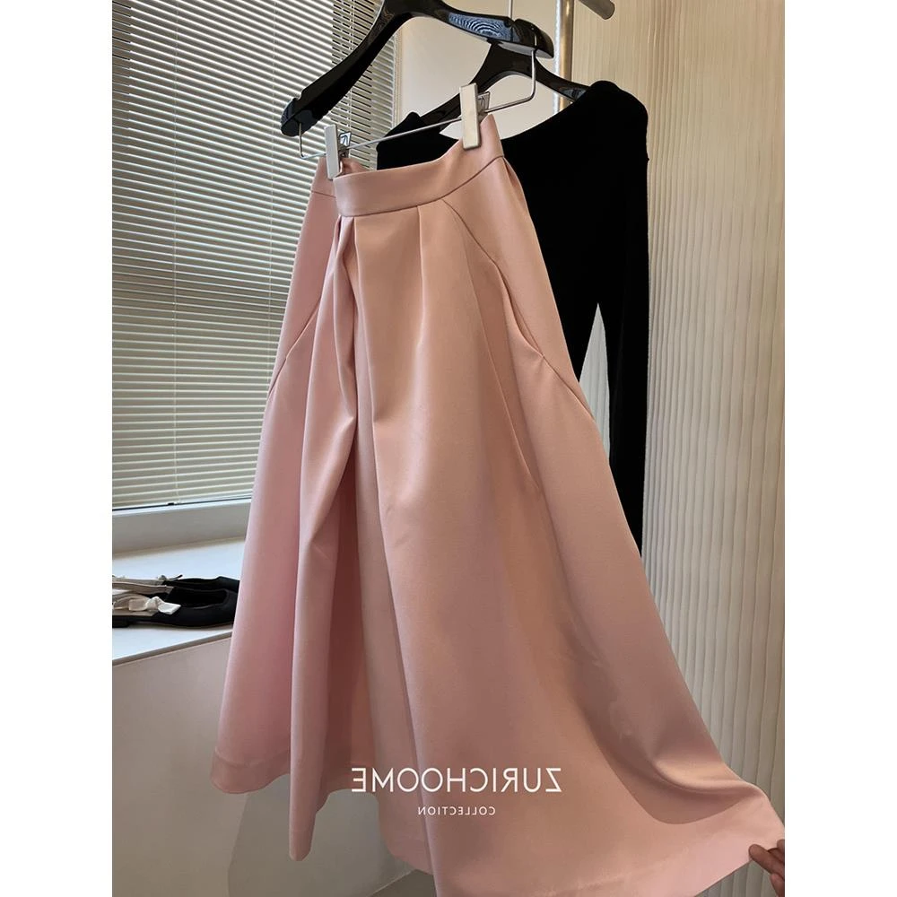 醋酸缎面粉色大裙摆半身裙女春夏设计感花苞蓬蓬伞裙高腰a字裙子