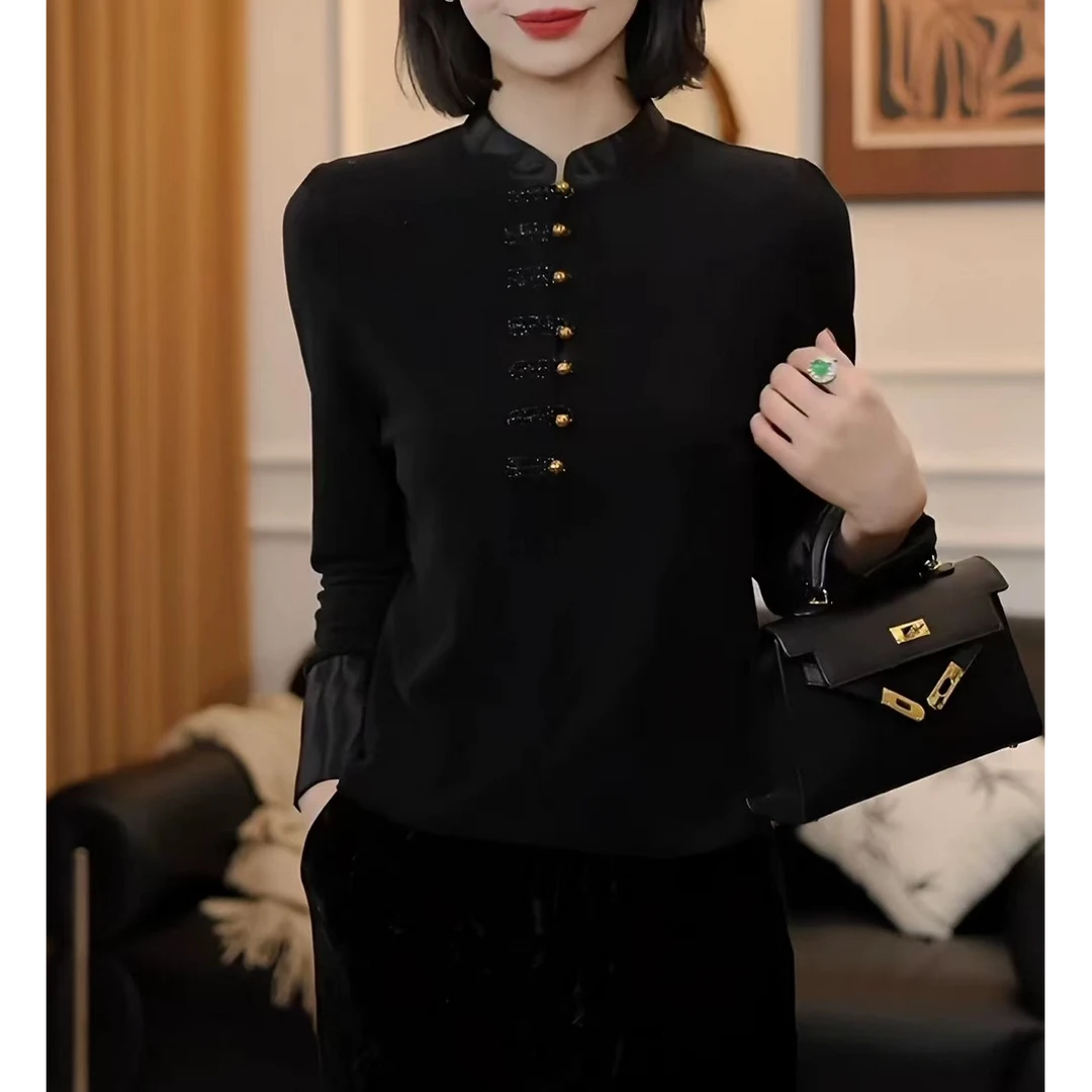 【小金扣】加绒加厚新中式打底衫弹力棉提花内搭上衣马甲