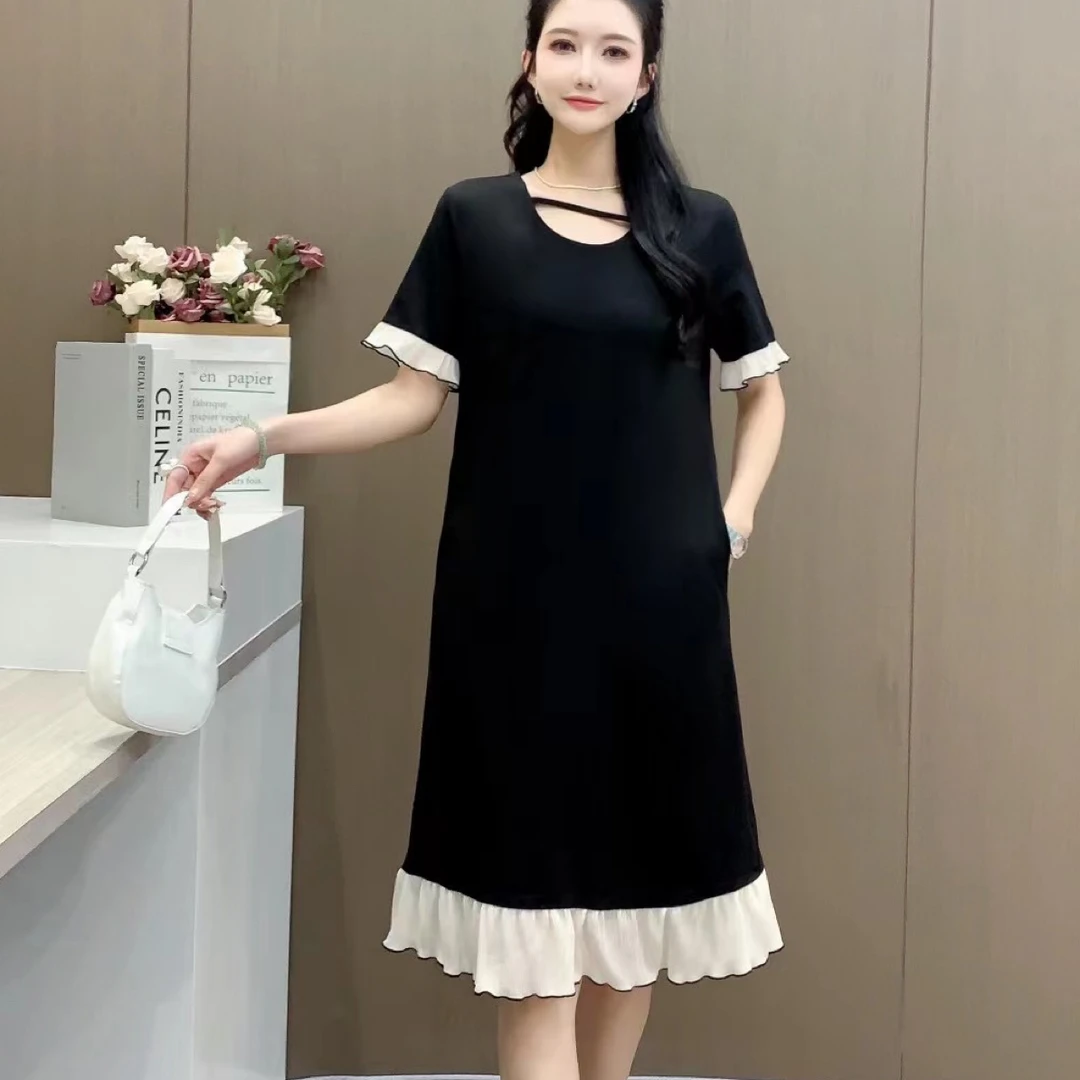 一卡女装减龄气质洋气百搭遮肚黑色拼接中长款