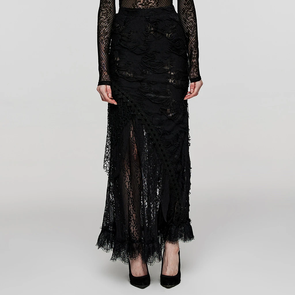 PUNK RAVE哥特女巫蕾丝气质黑色长款重工优雅蕾丝半身裙WQ-673BQF