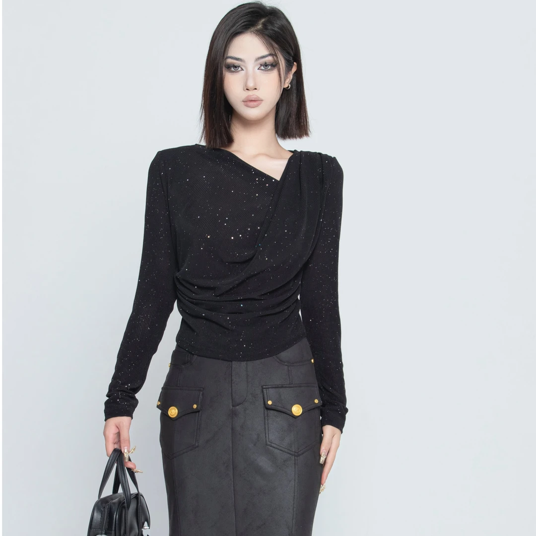 PUNK RAVE（M）2023秋时尚修身黑色女士蕾丝上衣气质百搭内搭PT-937