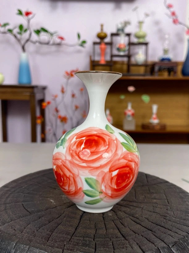 手绘花瓶陶瓷花器摆件红色玫瑰现代中式客厅茶室家用桌面景德镇