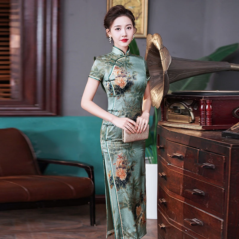 130长款C03绿色牡丹竹子正宗真丝桑蚕丝民国改良旗袍连衣裙春夏