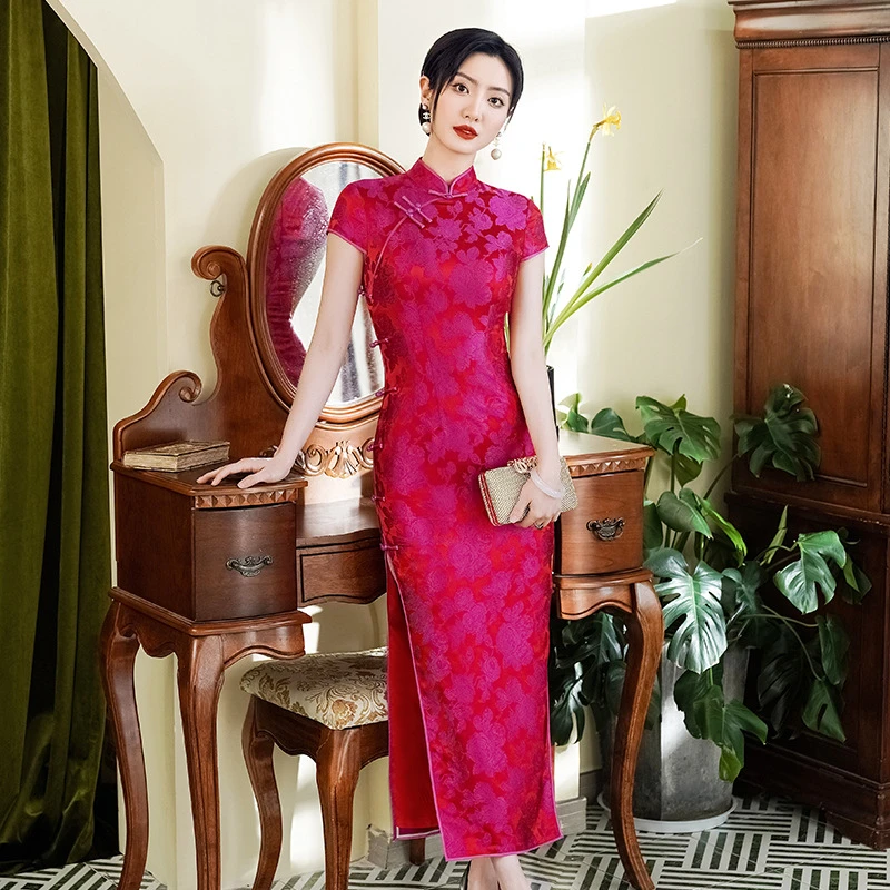 C06玫红色织锦缎真丝提花桑蚕丝新娘喜婆婆敬酒服婚宴新中式旗袍