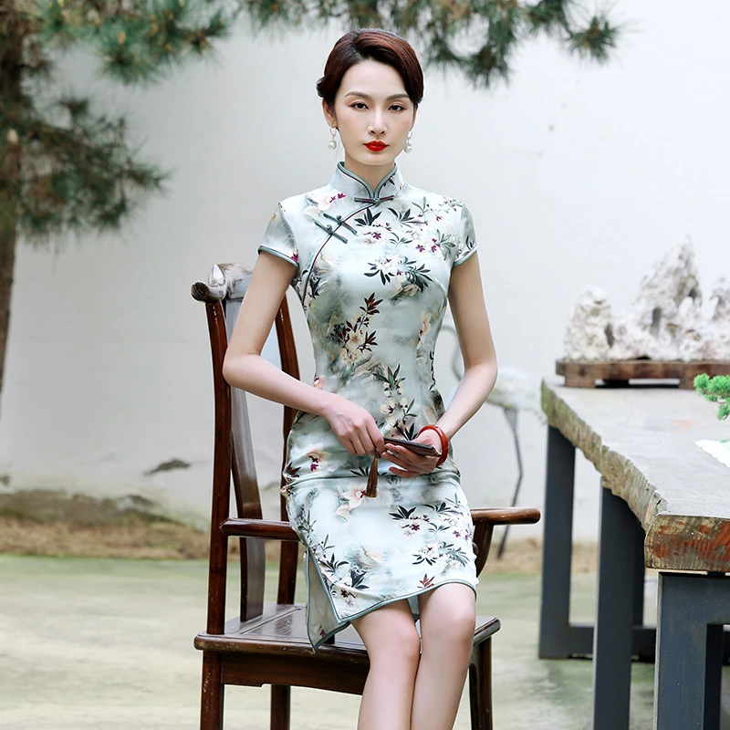 D27真丝桑蚕丝高端小个子旗袍中长款少女年轻款年会气质新款春夏