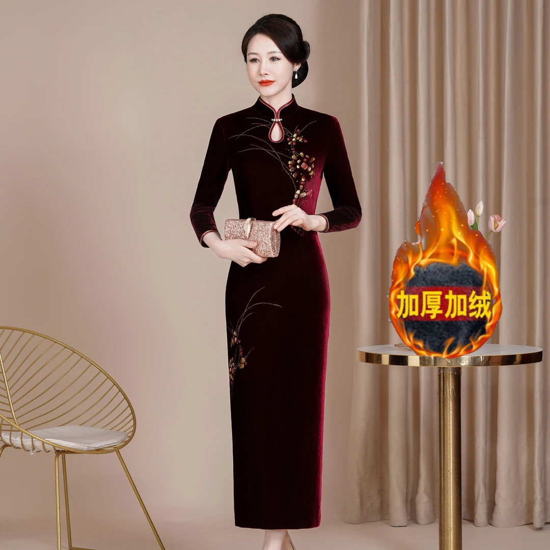 7871高档新款丝绒复古改良旗袍裙大码喜妈妈婚宴礼服长款喜婆婆