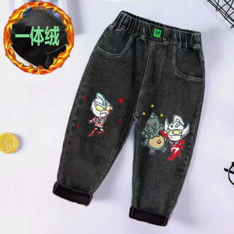 男童奥特曼牛仔裤儿童裤子秋冬款一体绒裤子三层加绒加厚长裤冬季