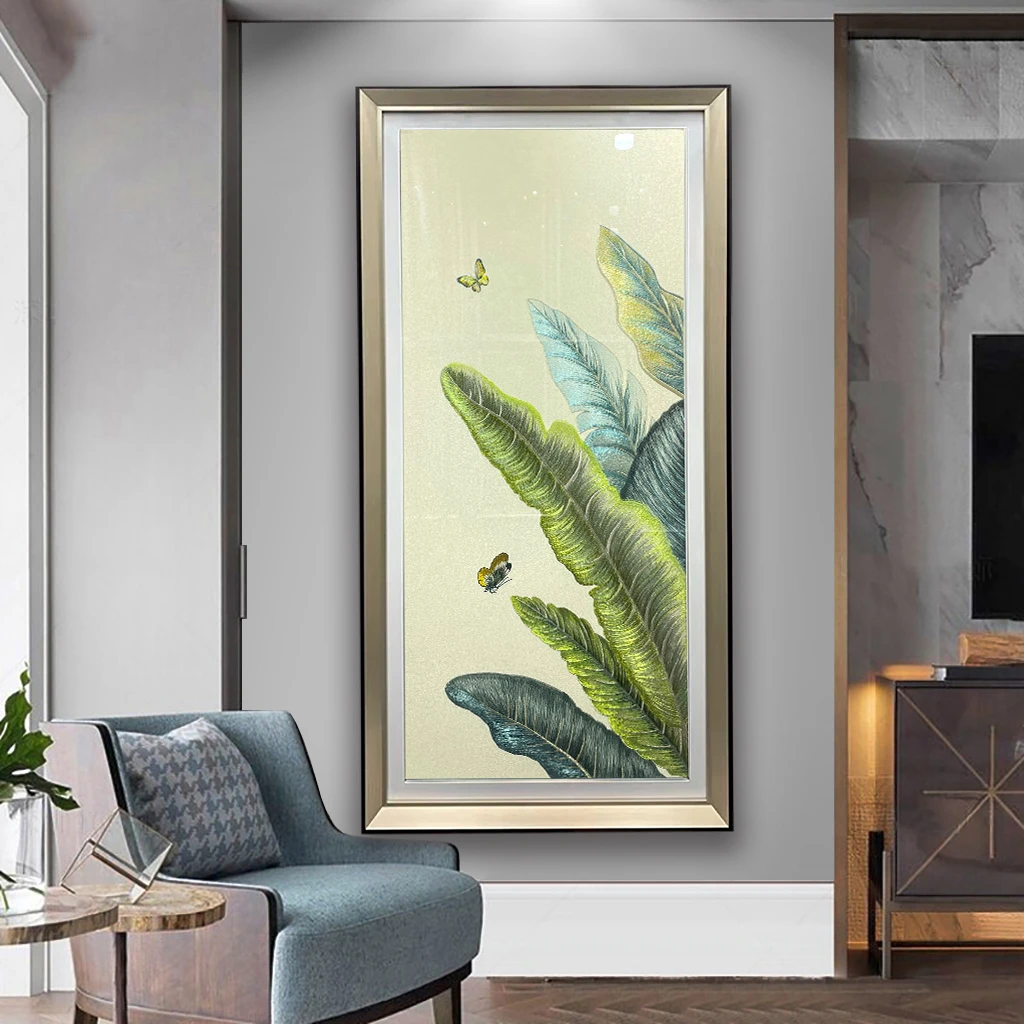 大业有成新中式玄关过道装饰画轻奢织锦绣叶子竖版刺绣挂画实物画