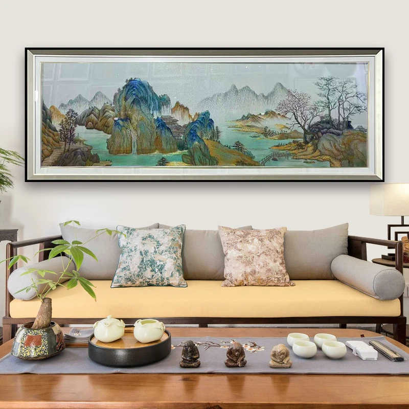 江山如画刺绣客厅新中式装饰画织锦绣挂画山水高级横版