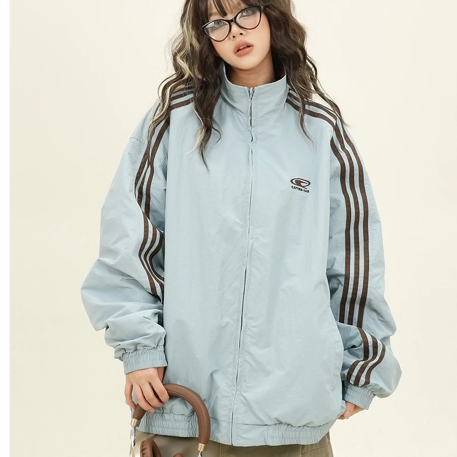 美式三条杠双面穿夹克女2024秋季新款宽松bf休闲复古学院风外套潮