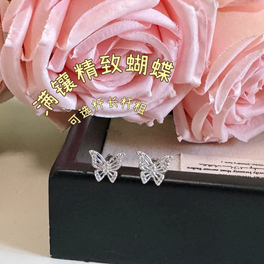 钛钢耳饰 可选择杆长杆满镶嵌蝴蝶百搭耳蜗钉耳骨钉钛钢螺丝拧