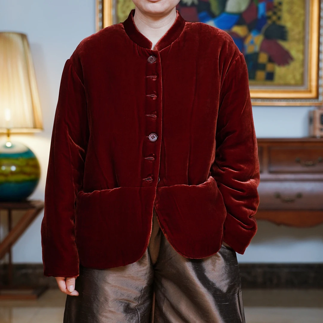 『漫花』复古中国风红色丝绒气质百搭保暖短款棉服-W4T6183