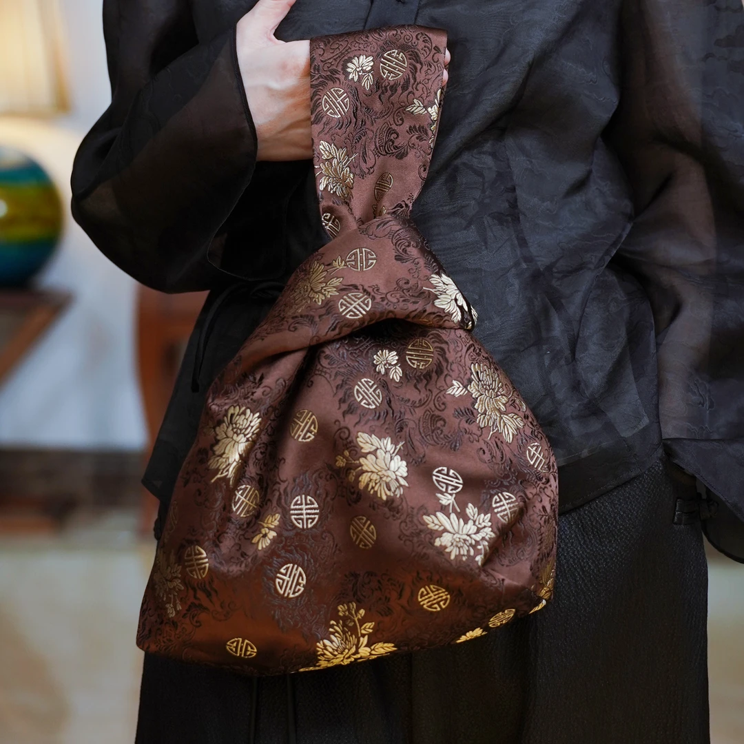 复古中式国风桑蚕丝咖啡古风文艺百搭手提包-B4B7445