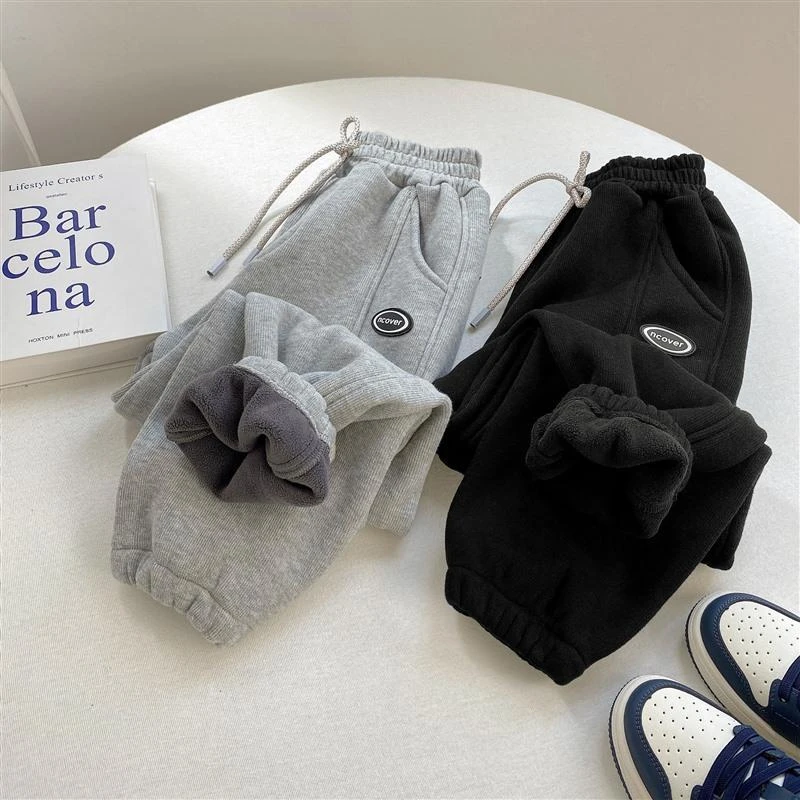 男童秋冬加绒运动裤童装2023新款儿童韩版加棉加厚裤子中大童长裤