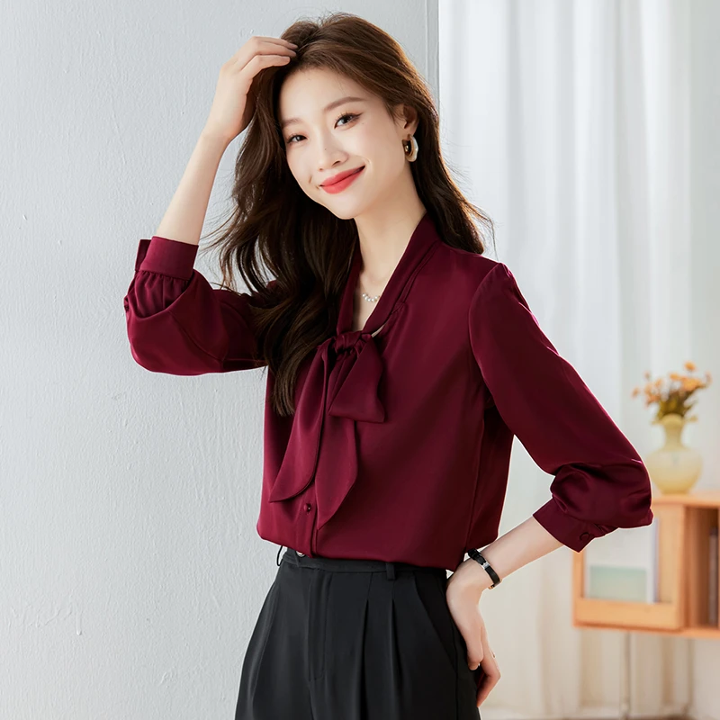 新款缎面蝴蝶结衬衫女2024春季年新款长袖上衣时尚百搭小个子衬衣