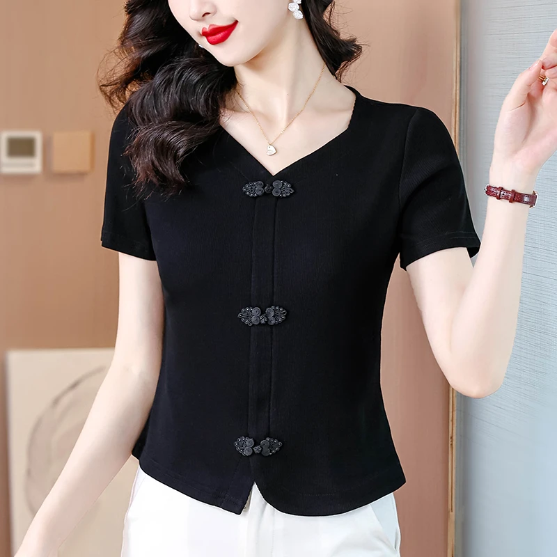 夏季新款气质纯色短款V领国风盘扣洋气短袖T恤女修身显瘦百搭上衣