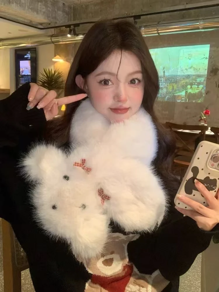 【西高地】可爱小狗毛绒围巾蝴蝶街交叉保暖学生百搭白色