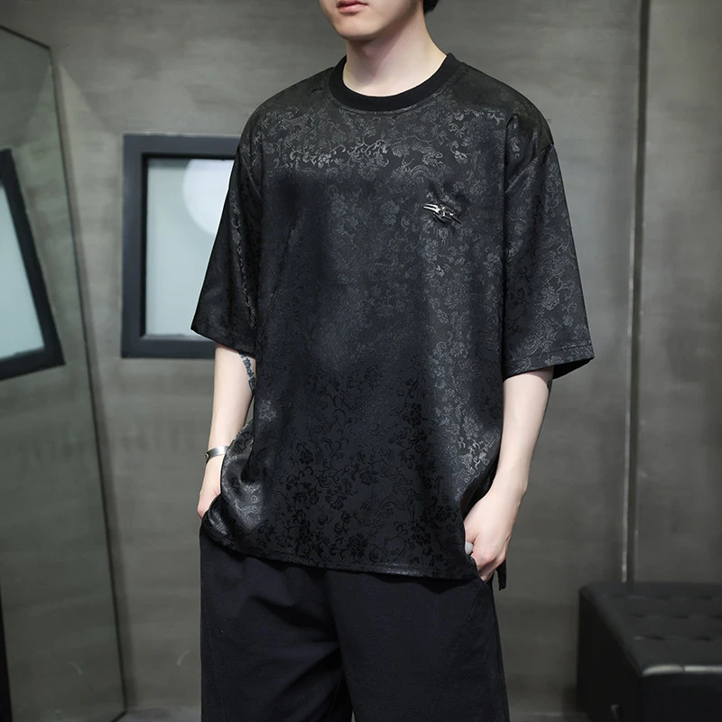冰丝短袖t恤男夏季新中式男装中国风提花上衣薄款宽松半袖体恤衫