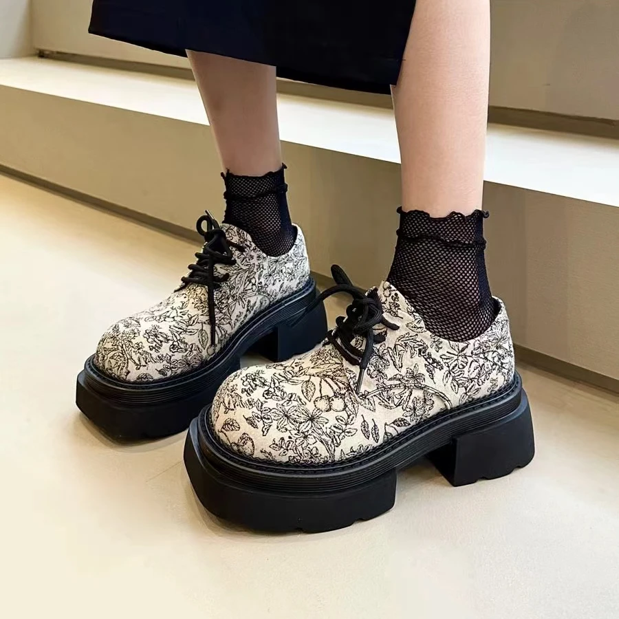 3281国风厚底乐福鞋豆豆印花小皮鞋