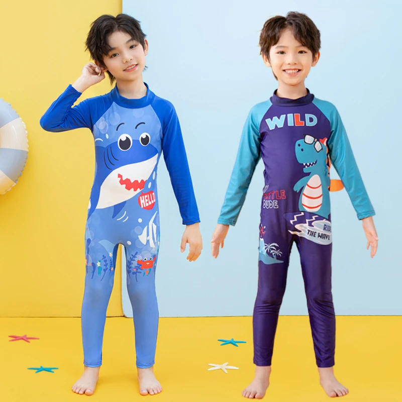 儿童泳衣男童连体中大童夏季长袖游泳衣小宝宝速干温泉游泳套装备